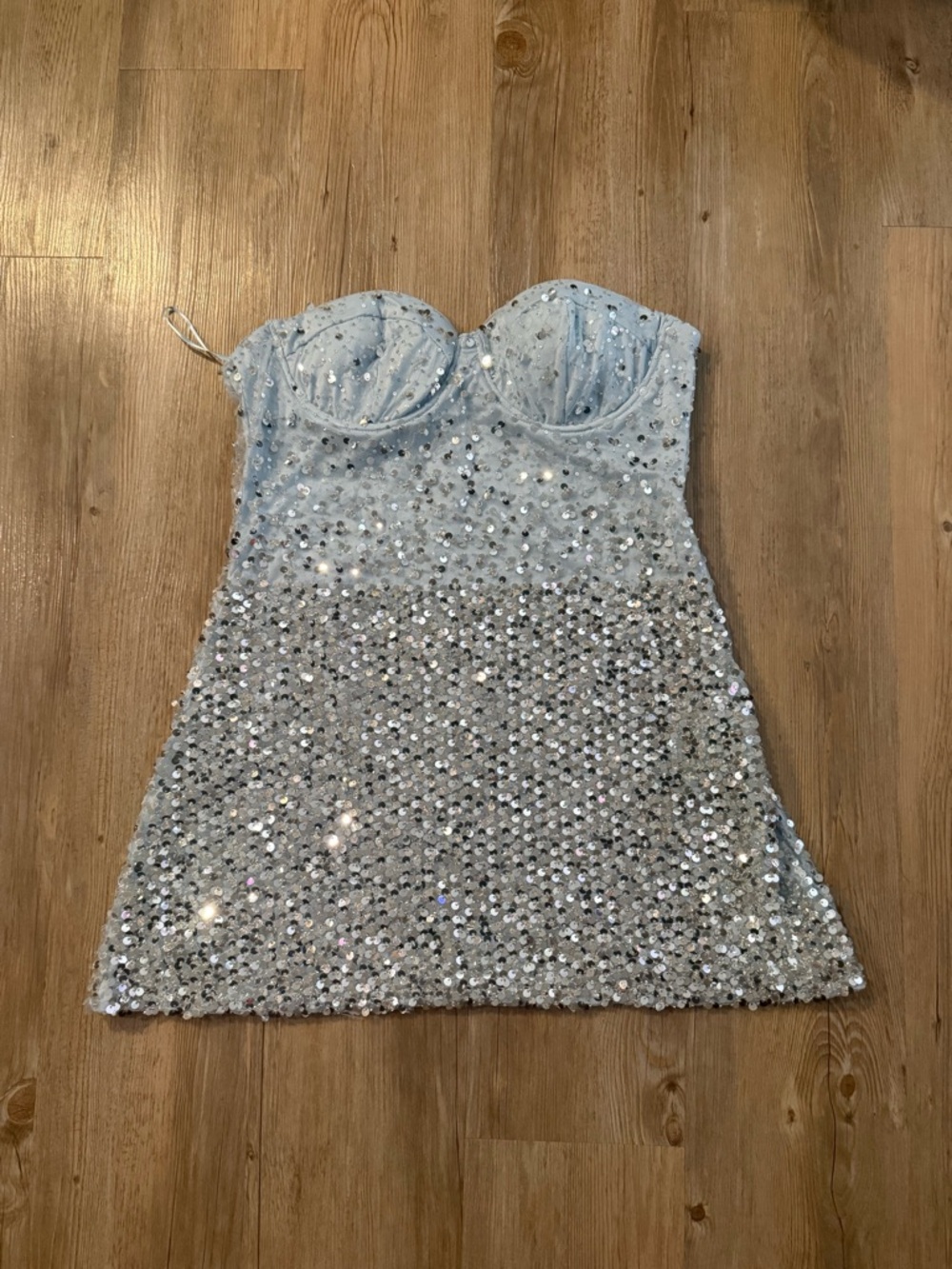 Fashion Nova Silver Sequin Strapless Mini Dress